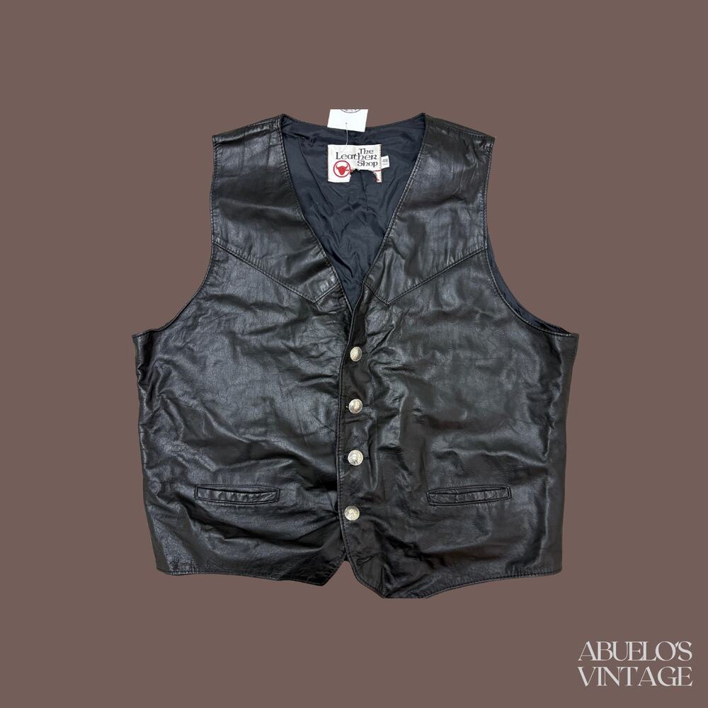 Sears The Leather Shop Leather Vest | Black Button Front | Size 48t | Vintage